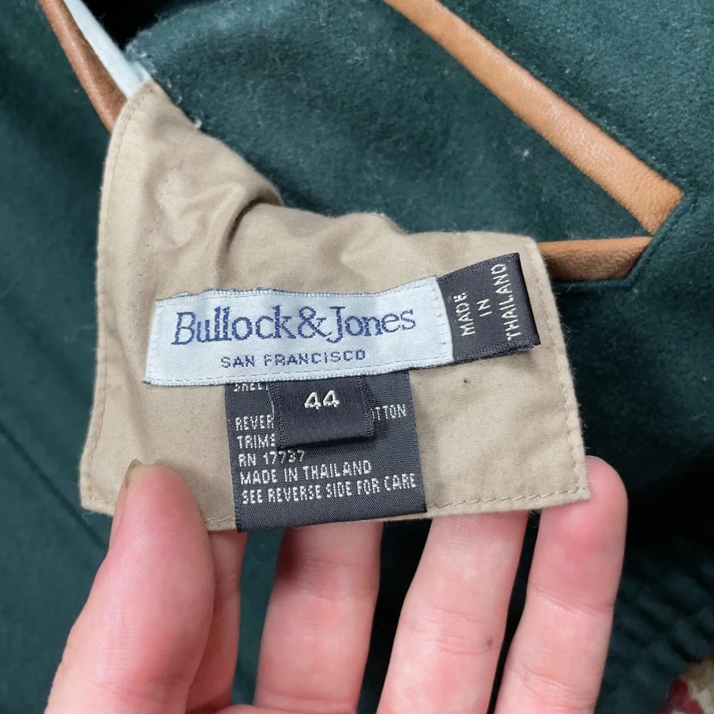 VTG 80s 90s Bullock & Jones Wool Leather Trim Bomber Jacket Green 44 Harrington - Picture 7 of 8